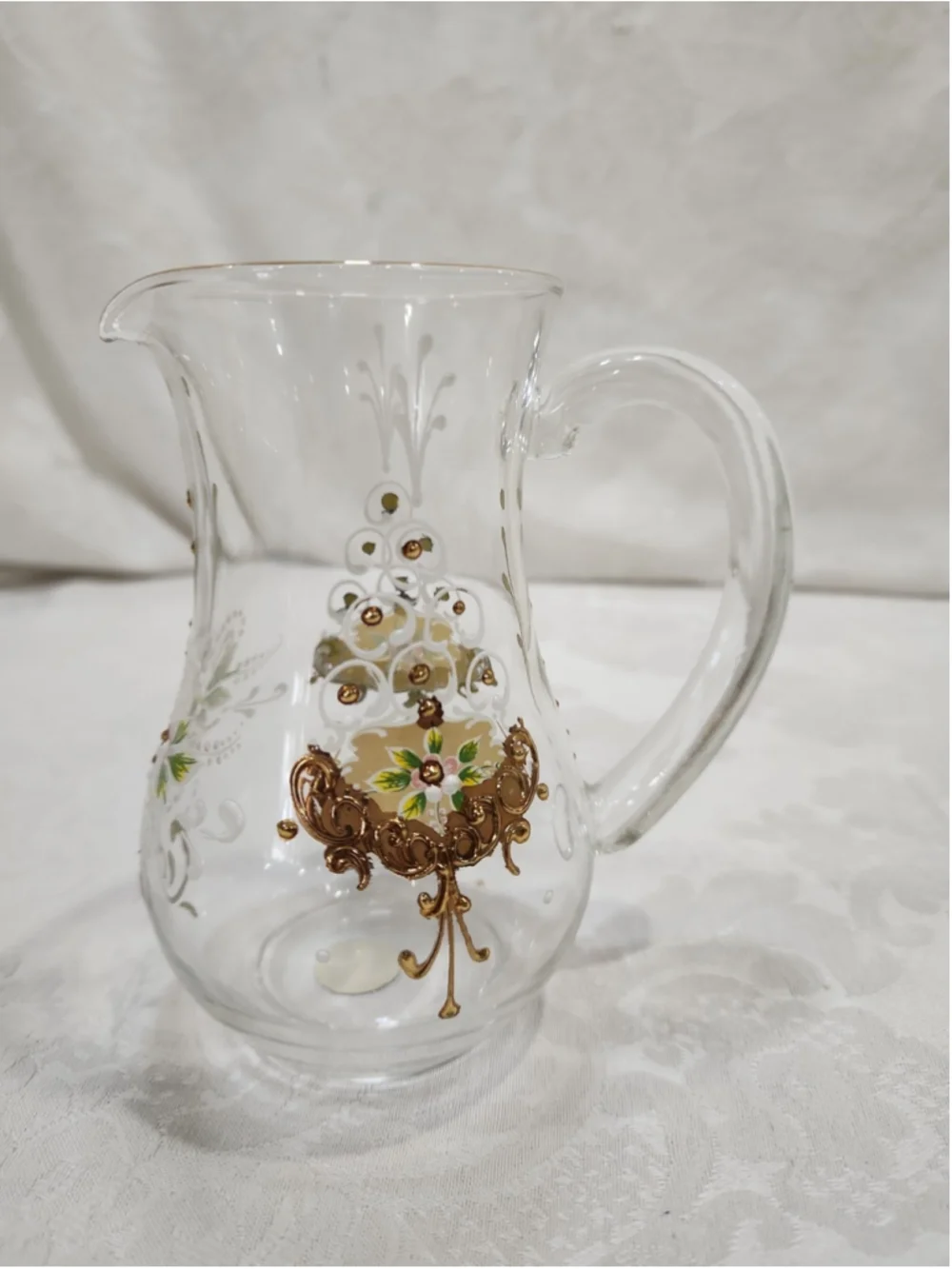 Vintage Murano Glass Small Pitcher 24K Gold Venetian Tre Fuochi Enamel Floral 5
